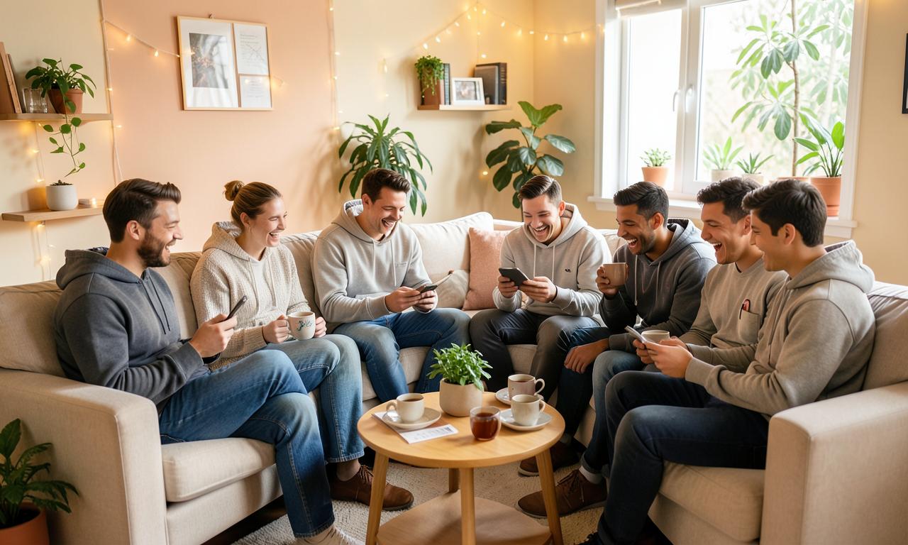 Resident doctors in hoodies relaxing on sofas, playing a quiz together over tea