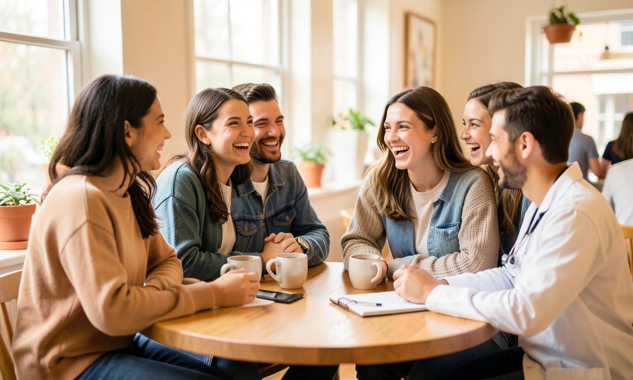Resident doctors laughing together over coffee in casual clothes