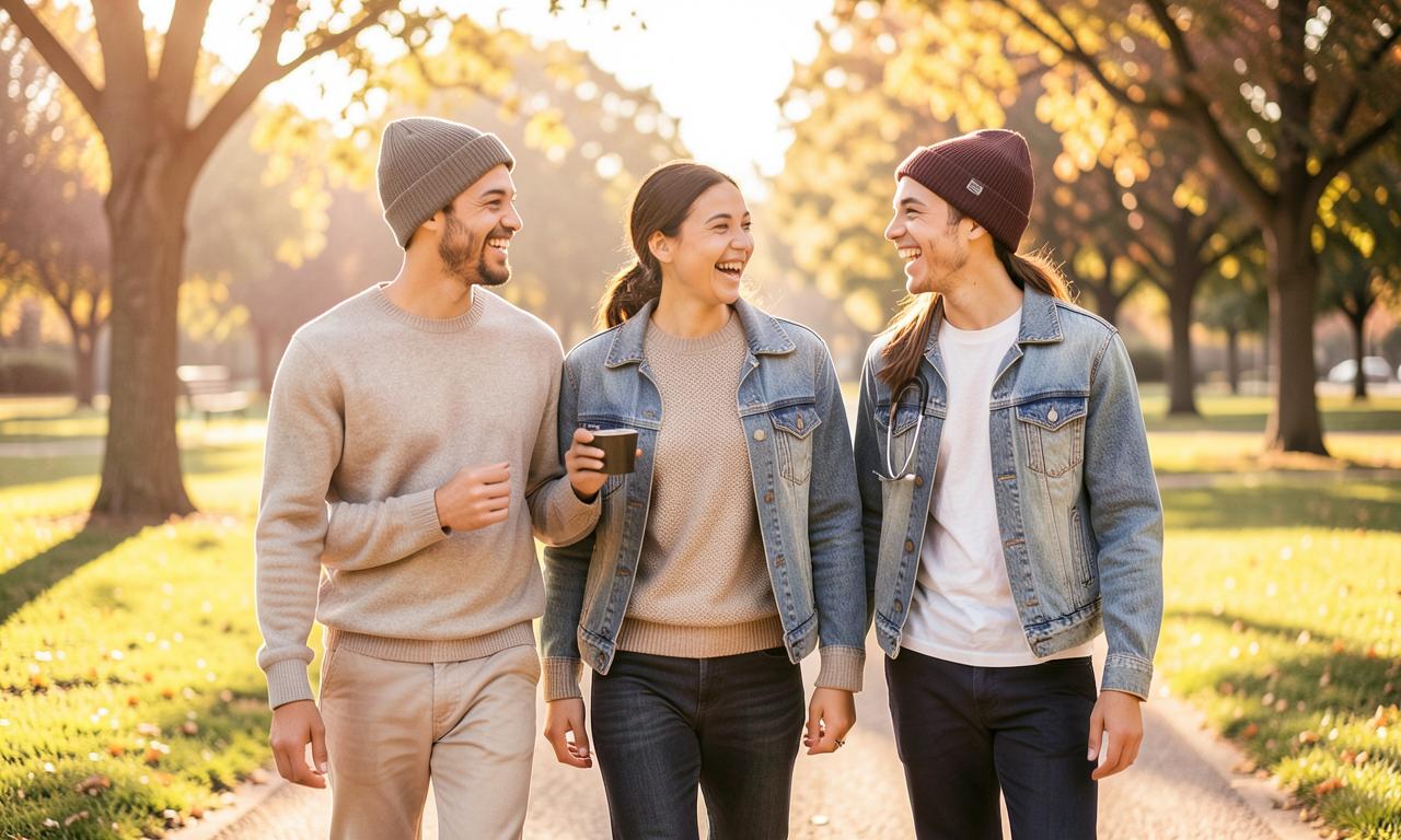 Three resident doctors in casual clothes walking and laughing together in a sunny park